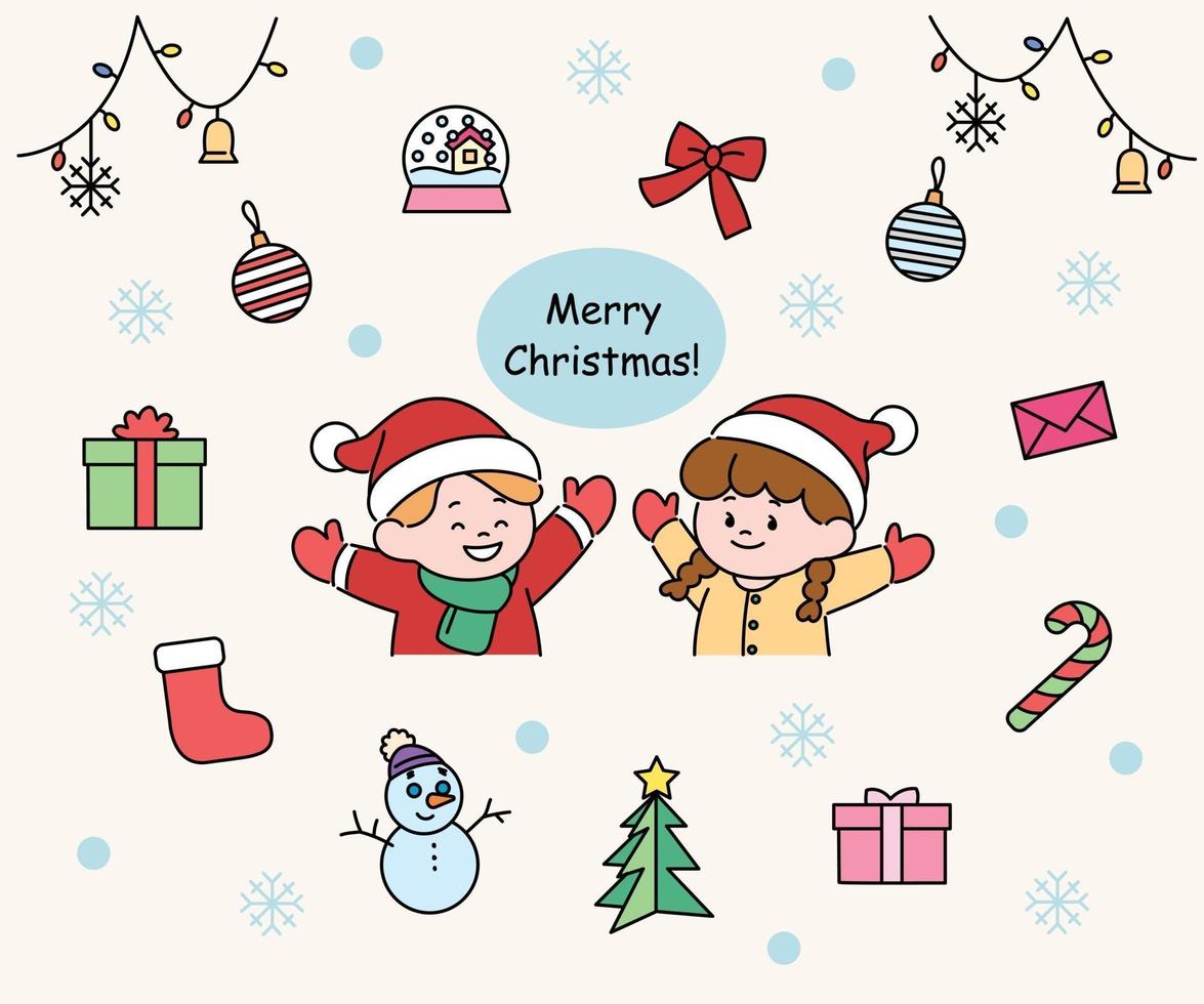 set di simpatiche coppie di Natale e icone di Natale. illustrazioni di disegno vettoriale stile disegnato a mano.