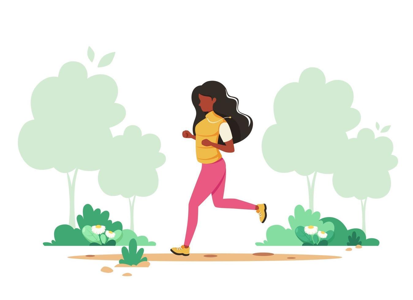 donna nera fare jogging nel parco di primavera. stile di vita sano, sport, concetto di attività all'aperto. illustrazione vettoriale. vettore