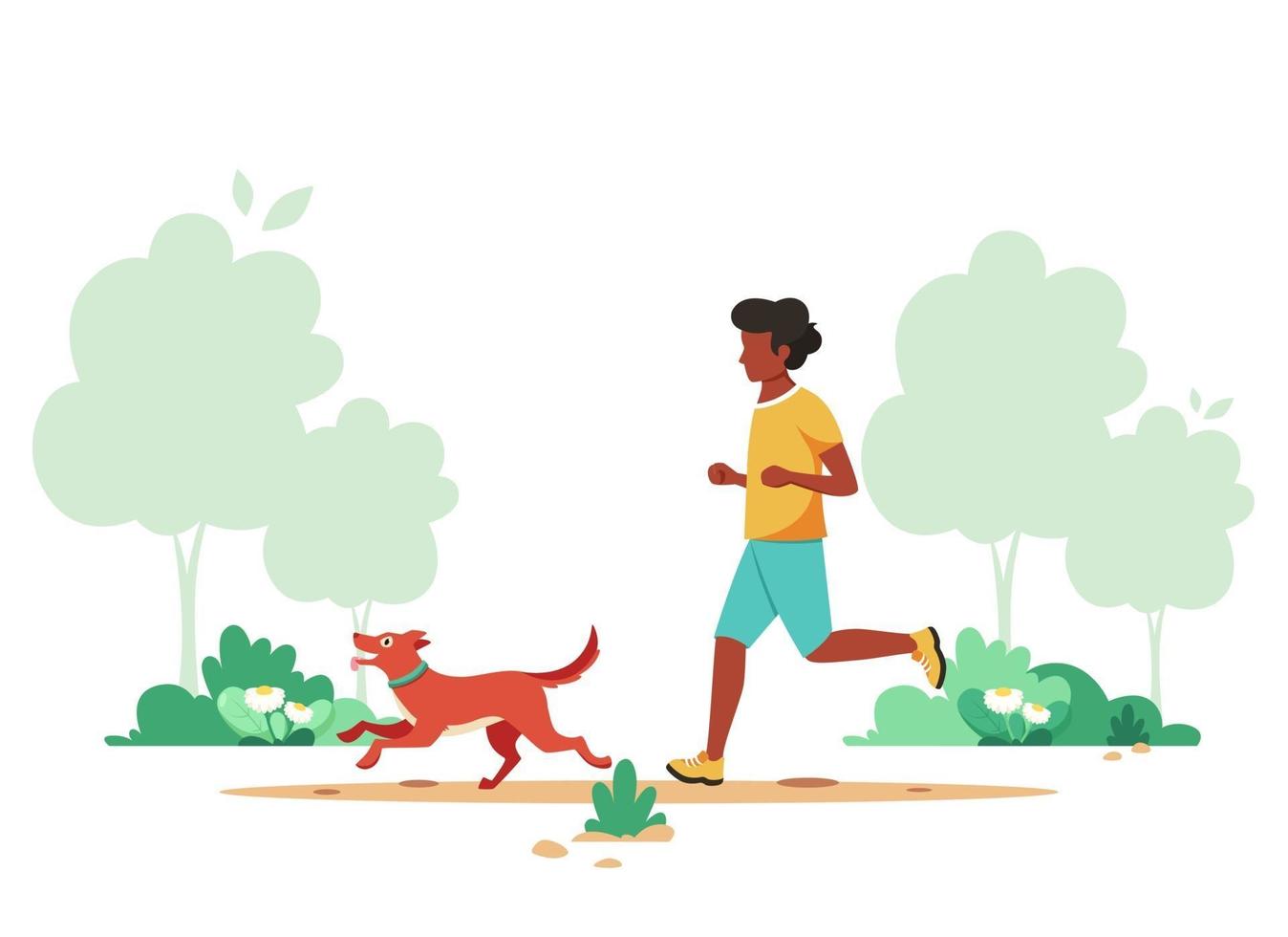 uomo nero fare jogging nel parco di primavera con il cane. attività all'aperto, passeggiate con il cane. illustrazione vettoriale. vettore