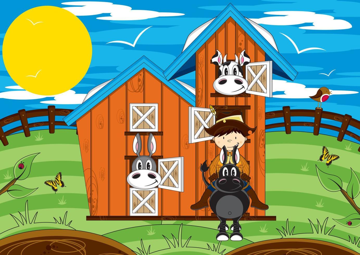 cartone animato contadino su cavallo con azienda agricola animali nel fienile illustrazione vettore