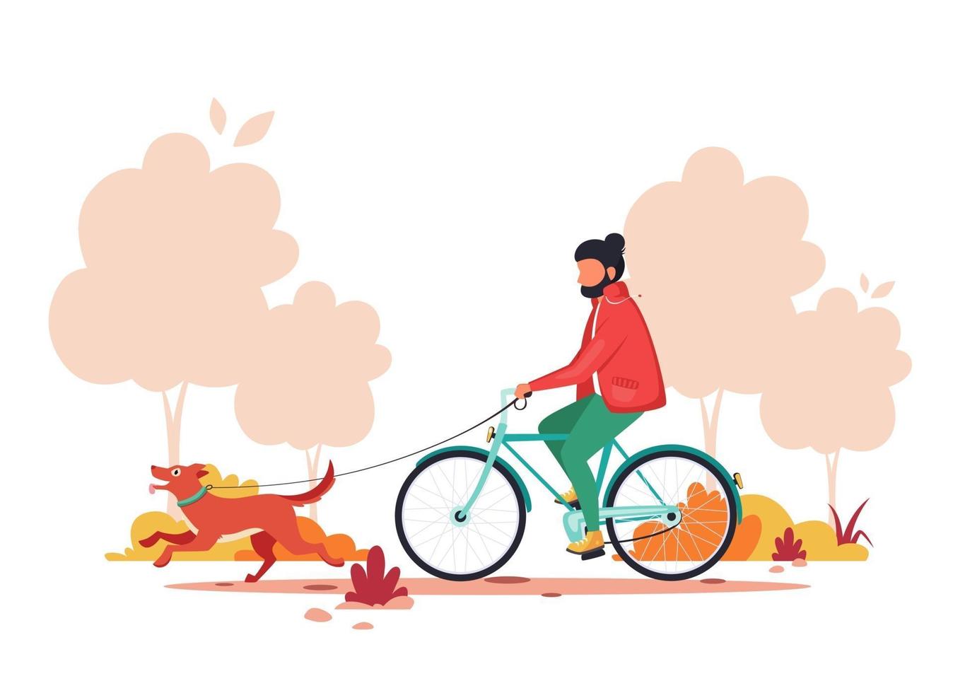 uomo in sella a bici con il cane nel parco in autunno. stile di vita sano, concetto di attività all'aperto. illustrazione vettoriale. vettore