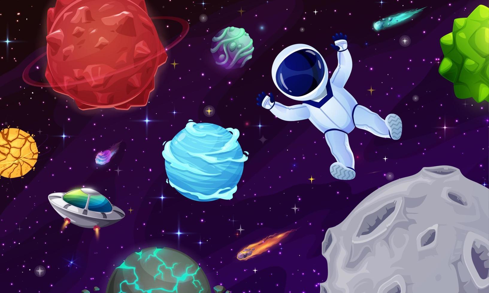 cartone animato astronauta carattere, esterno spazio, pianeti vettore