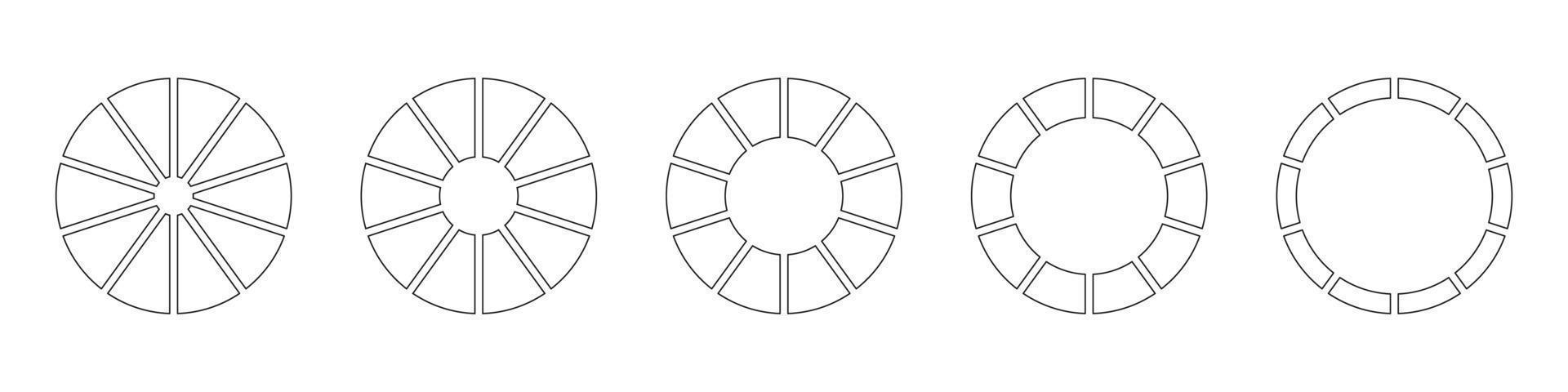 ruote il giro diviso nel dieci sezioni. diagrammi Infografica impostare. cerchio sezione grafico linea arte. torta grafico icone. schema ciambella grafici o torte segmentato su 10 pari parti. geometrico vettore elemento.