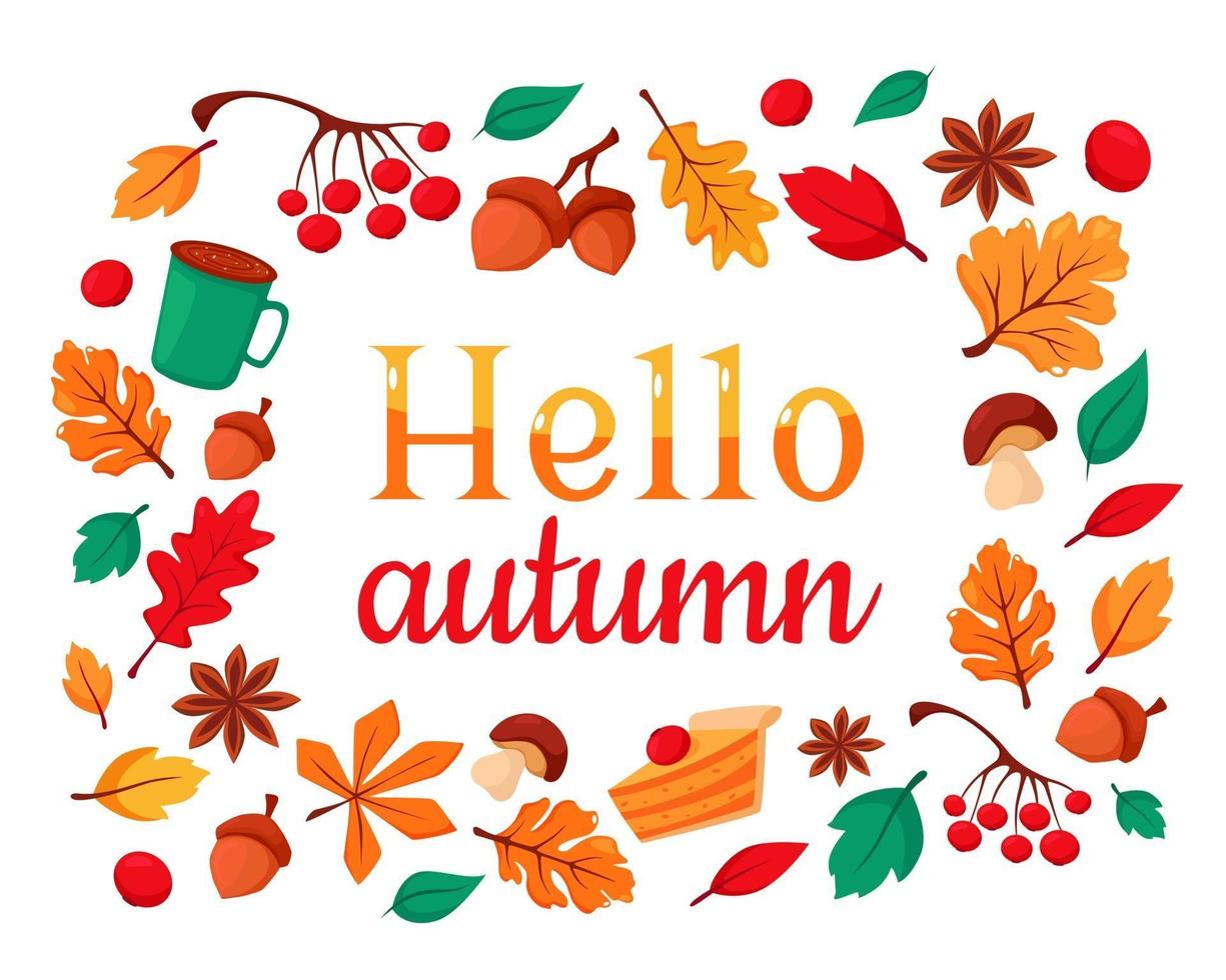 Ciao autunno. set di ghiande di elementi autunnali, tazza di caffè, foglie d'autunno, sorba, viburno, sciarpa, torta di zucca. illustrazione vettoriale