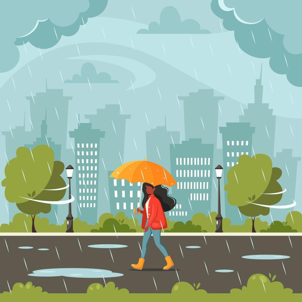 donna nera che cammina sotto un ombrello durante la pioggia. caduta di pioggia. attività all'aria aperta autunnali. vettore