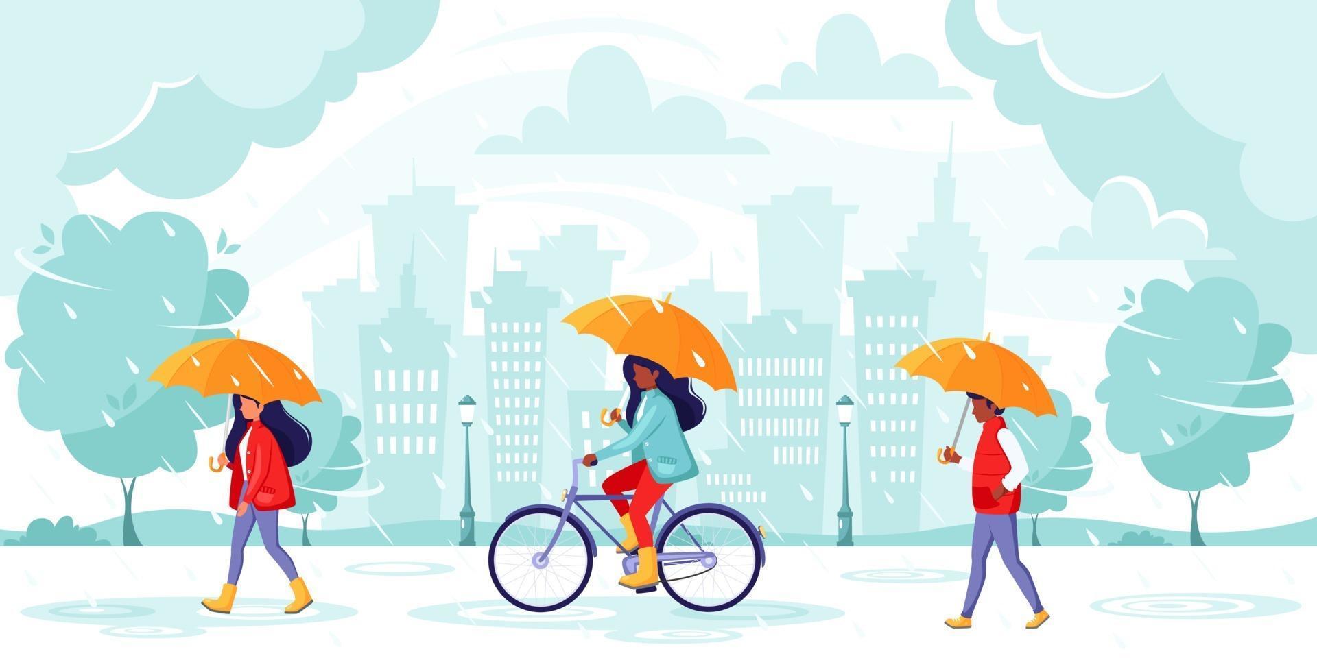 persone che camminano sotto gli ombrelloni durante la pioggia. pioggia autunnale sullo sfondo della città. vettore