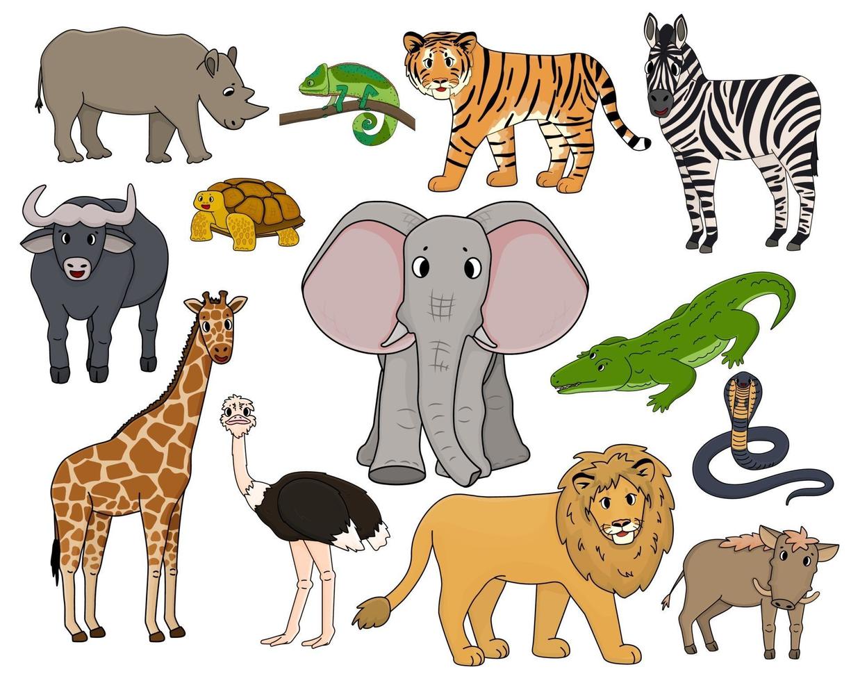 set di vettore cartone animato isolato contorno animali della savana. tigre, leone, rinoceronte, facocero comune, bufalo africano, tartaruga, camaleonte, zebra, struzzo, elefante, giraffa, coccodrillo, cobra per bambini