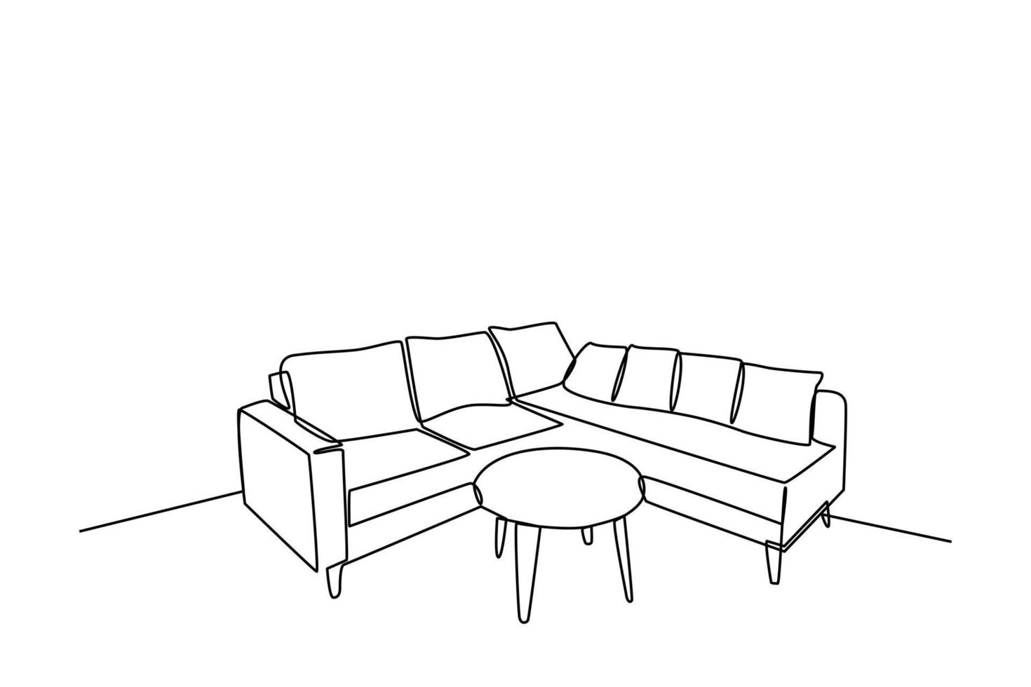continuo uno linea disegno interno di il vivente camera con divano e decorazione Accessori. vivente camera concetto. singolo linea disegnare design vettore grafico illustrazione.