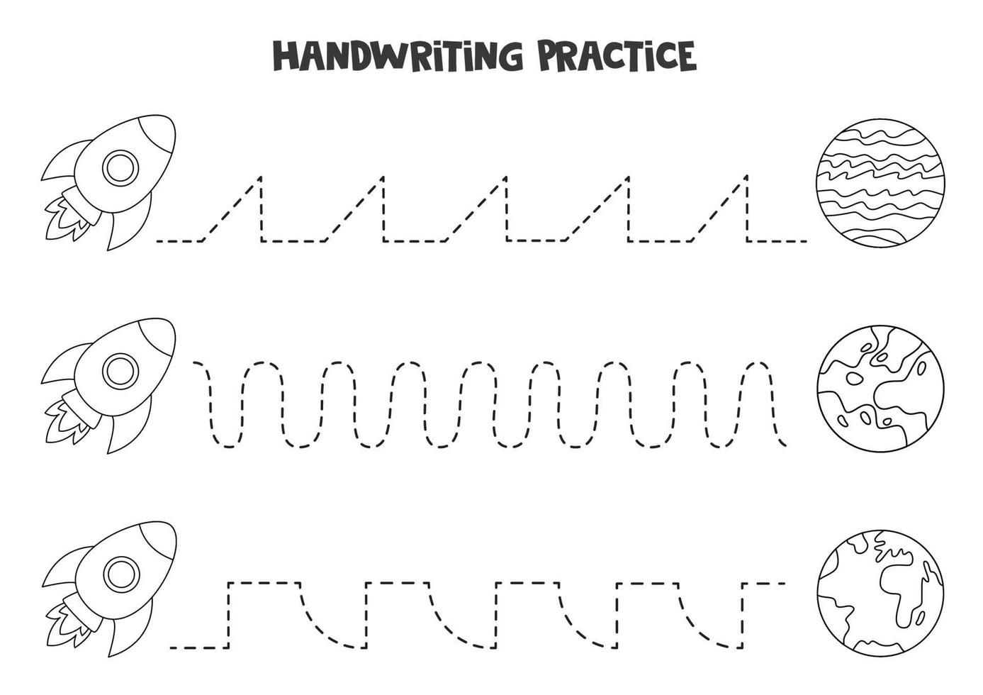 tracciando linee con simpatici razzi e pianeti in bianco e nero. Pratica di scrittura. vettore