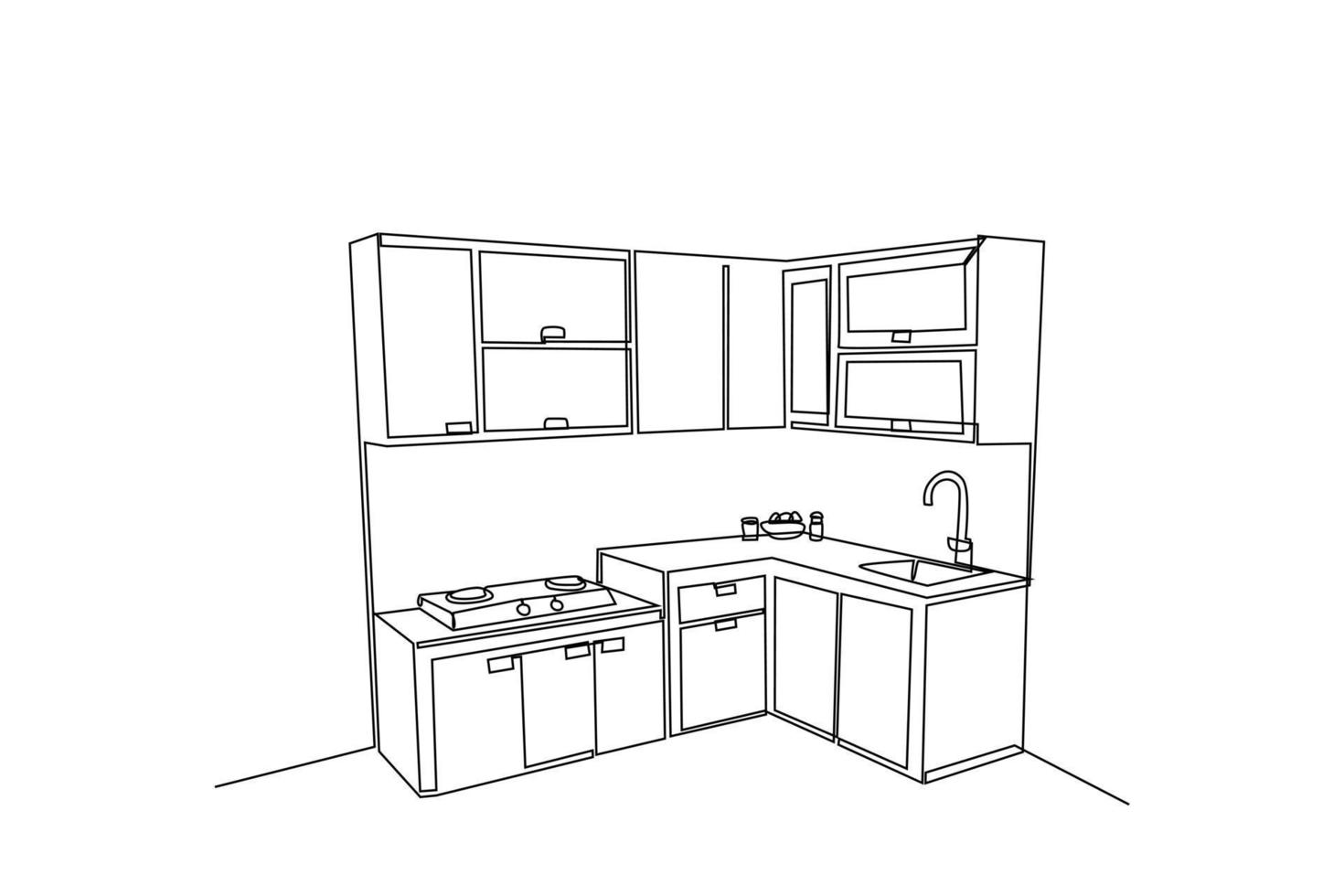 singolo uno linea disegno moderno cucina interno. cucina camera concetto. continuo linea disegnare design grafico vettore illustrazione.