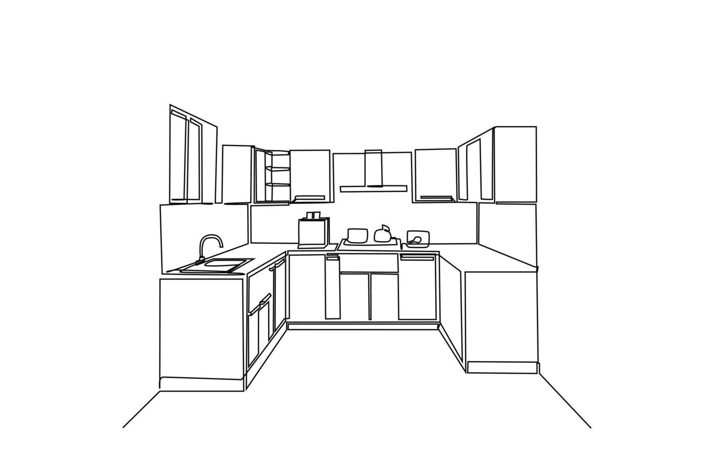 singolo uno linea disegno moderno cucina interno. cucina camera concetto. continuo linea disegnare design grafico vettore illustrazione.