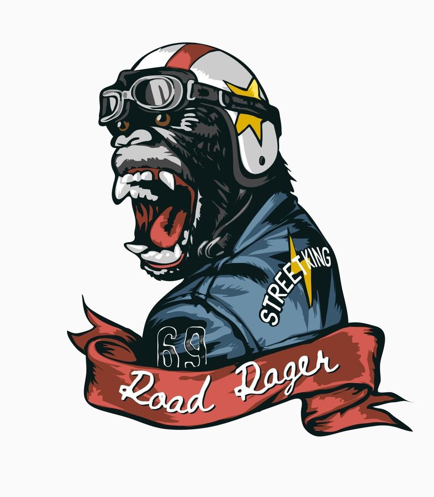 slogan road rager con gorilla nell'illustrazione di casco e giacca di pelle vettore