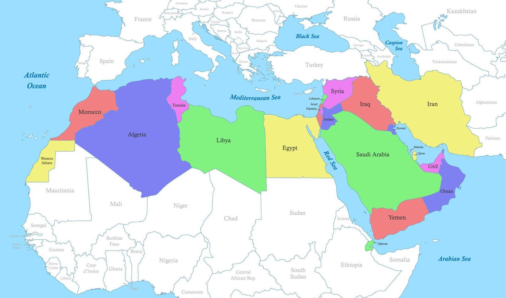 carta geografica di mena regione con frontiere di il stati vettore