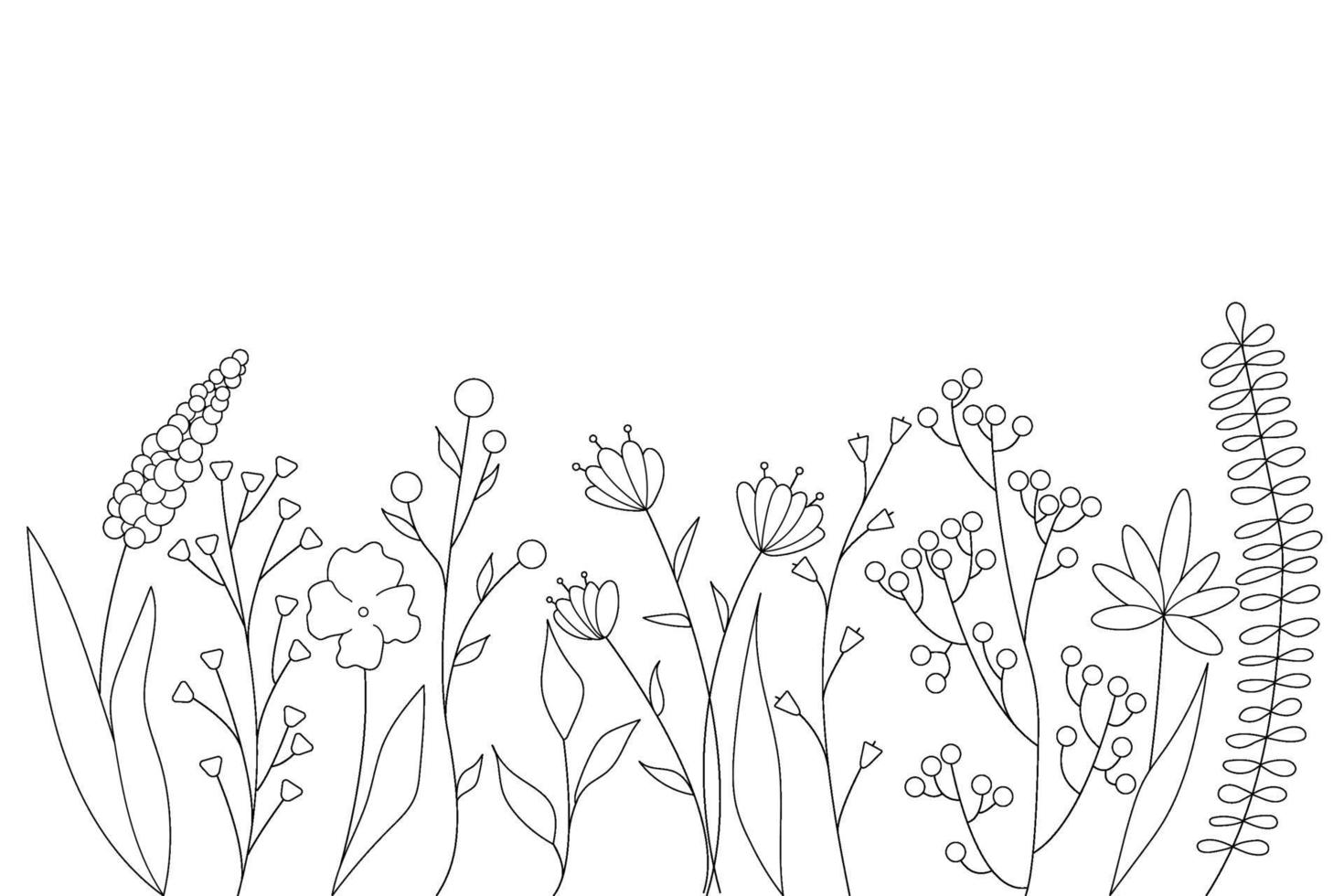 sagome nere di erba, fiori ed erbe aromatiche. elementi floreali semplici minimalisti. botanico naturale. schizzo grafico. fiori disegnati a mano. design per i social media. contorno, linea, stile doodle. vettore