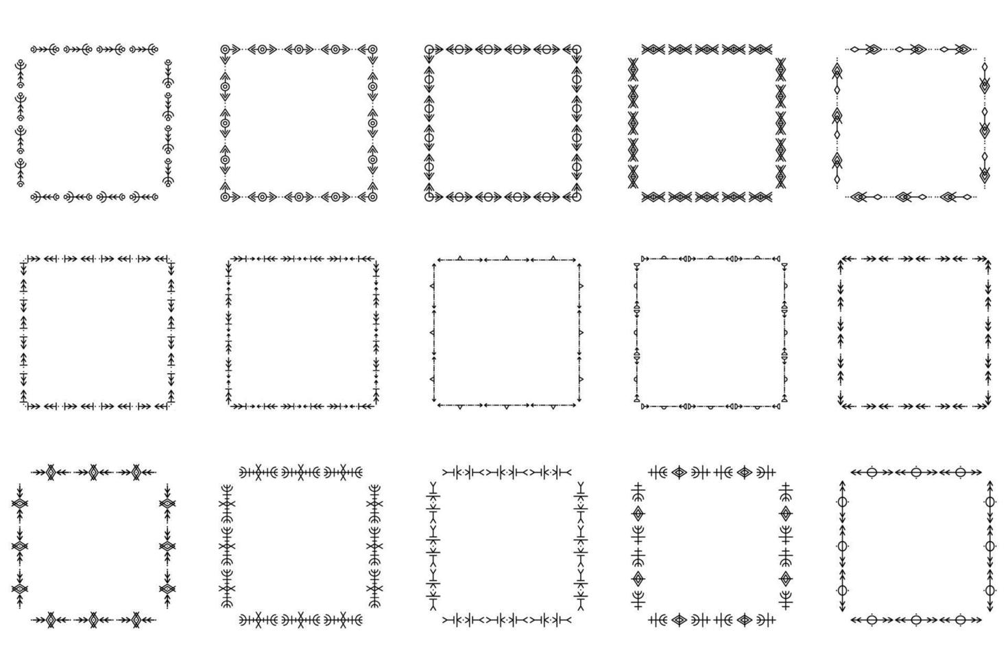 set di cornici quadrate e monogrammi. raccolta bordi quadrati decorativi. doodle astratto. scarabocchiare elementi di design. etichette modello, adesivi, carte. illustrazione vettoriale. vettore