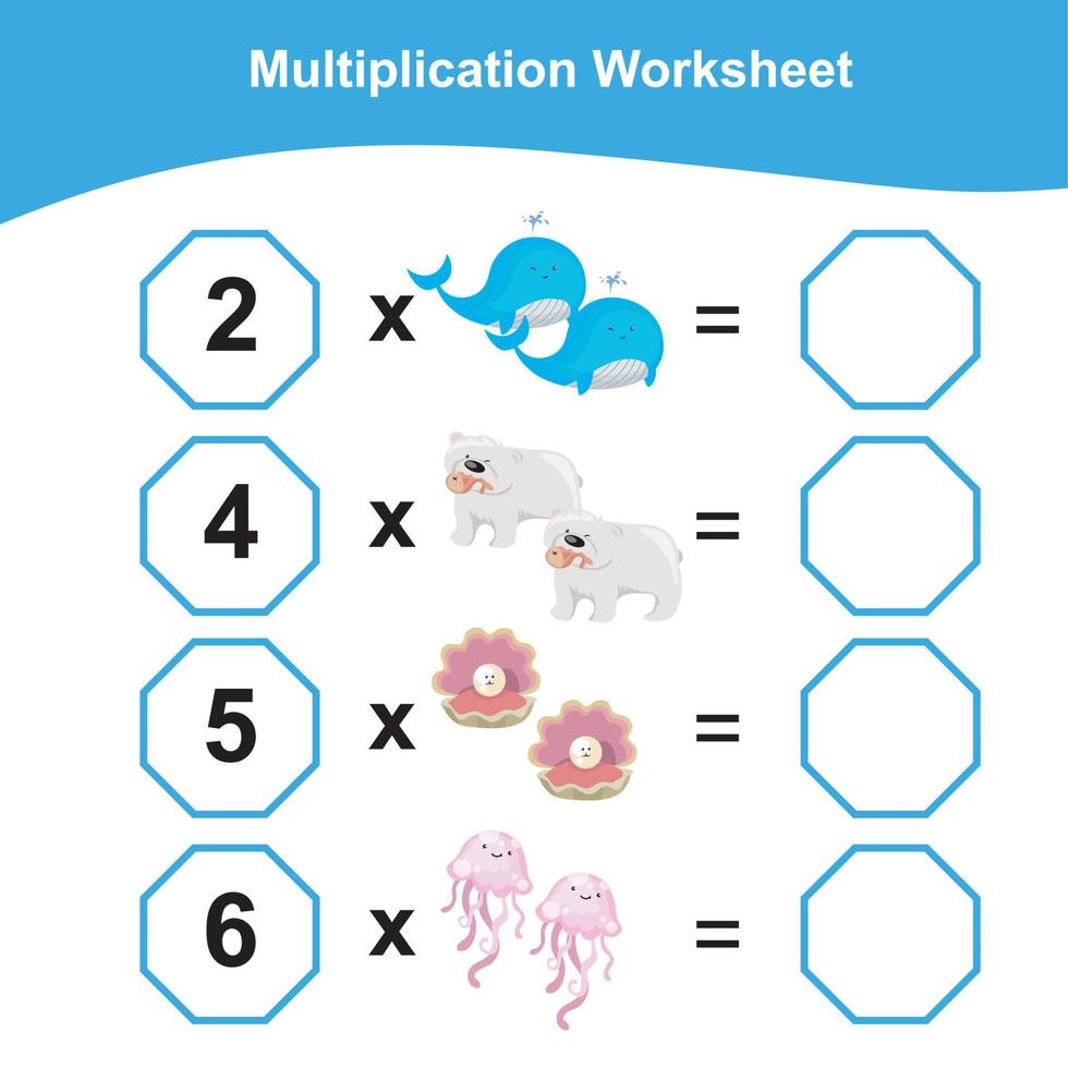 moltiplicazione foglio di lavoro per bambini. conteggio matematica foglio di lavoro. stampabile matematica foglio di lavoro. vettore illustrazione.