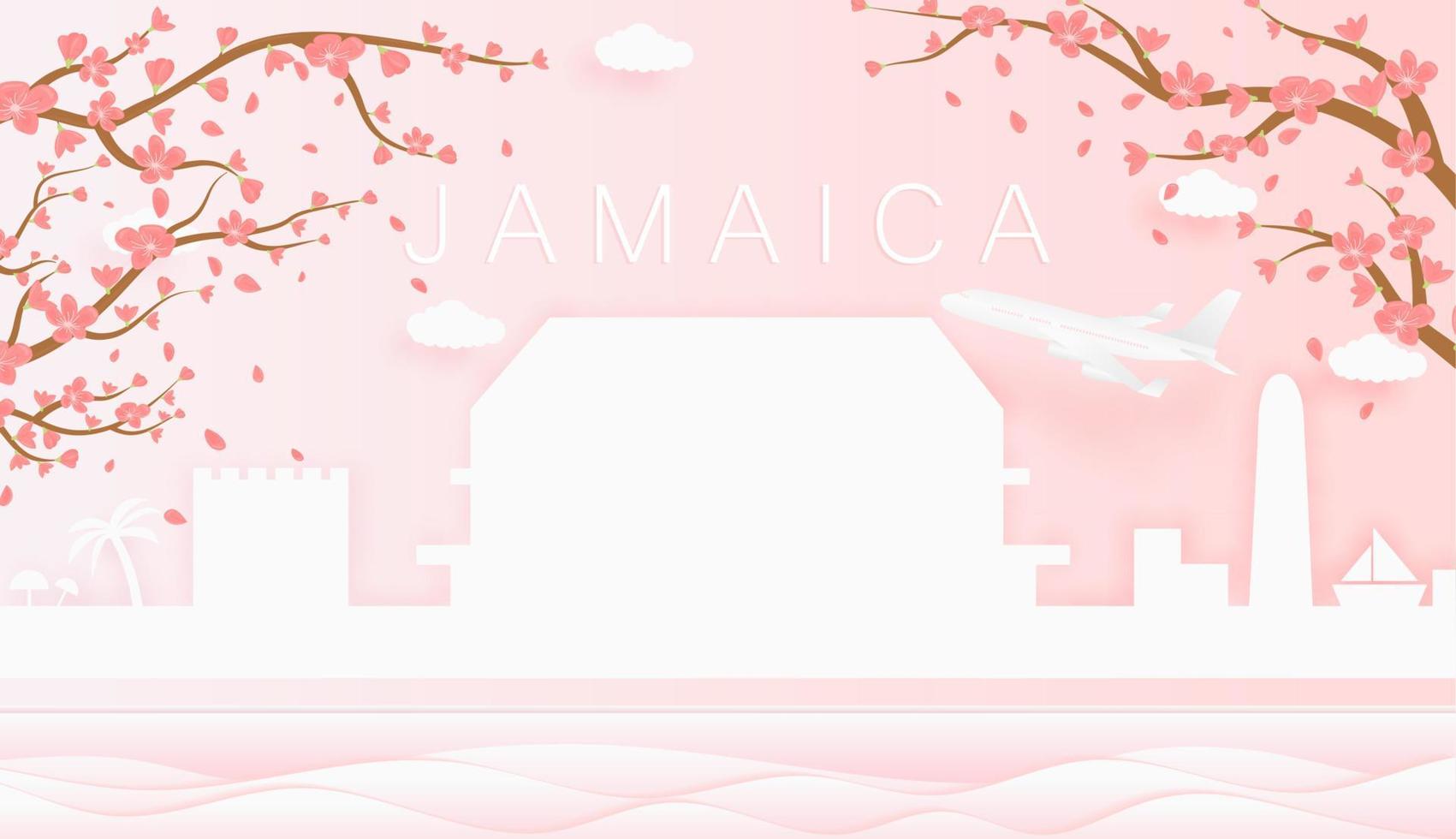 panorama viaggio cartolina, manifesto, giro pubblicità di mondo famoso punti di riferimento di Giamaica, primavera stagione con fioritura fiori nel albero vettore icona