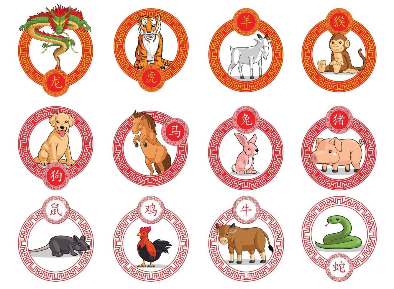 12 animali dello zodiaco cinese cornice ornamentale cartone animato disegno vettoriale set