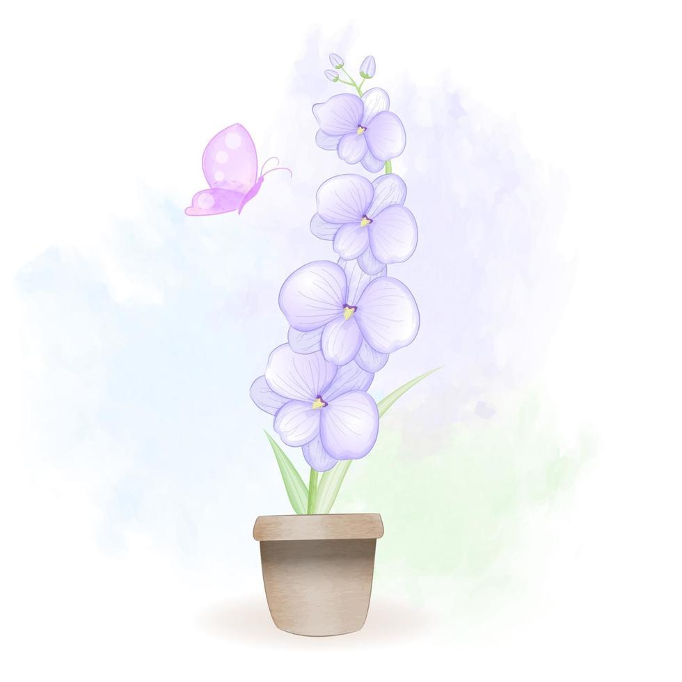 fiori di orchidea all & # 39; interno dell & # 39; illustrazione dell & # 39; acquerello del vaso di fiori vettore