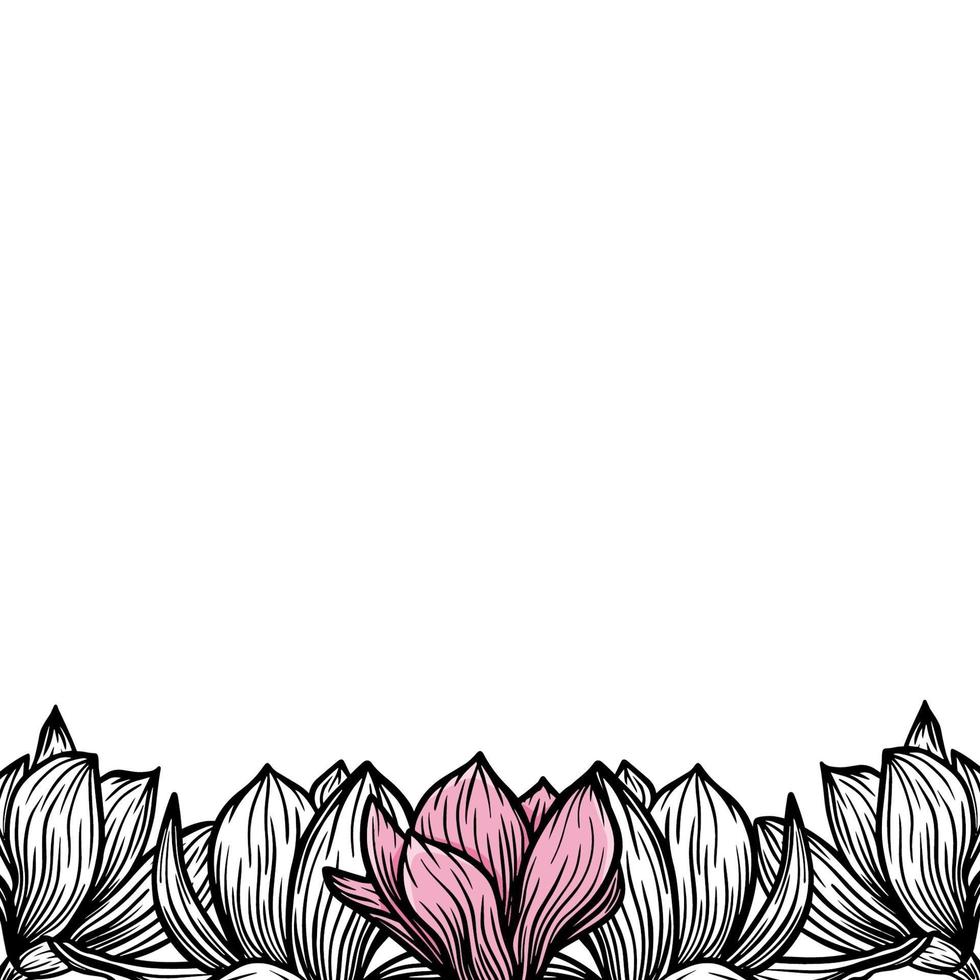 confine, cornice di fiori di magnolia, silhouette di fiori che sbocciano. primavera, disegno floreale per carte, inviti, imballaggi vettore