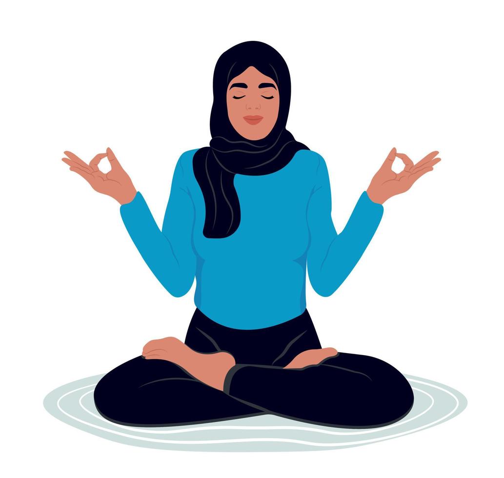 musulmano donna Meditare con occhi chiuso e gambe attraversato all'aperto. internazionale yoga giorno. un' donna è impegnato nel sua preferito passatempo. vettore
