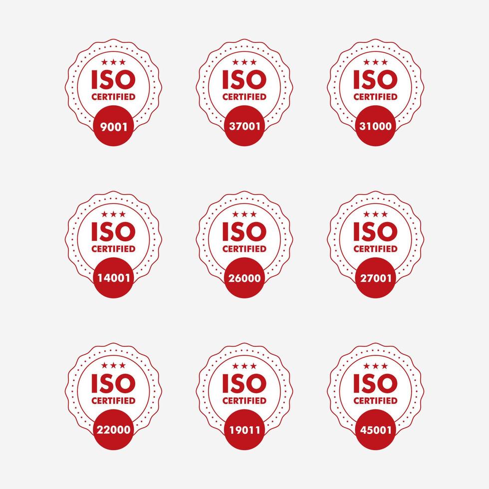 impostato di iso certificazione francobollo e etichette qualità gestione sistema, iso 9001, iso 22000, iso 14001 vettore