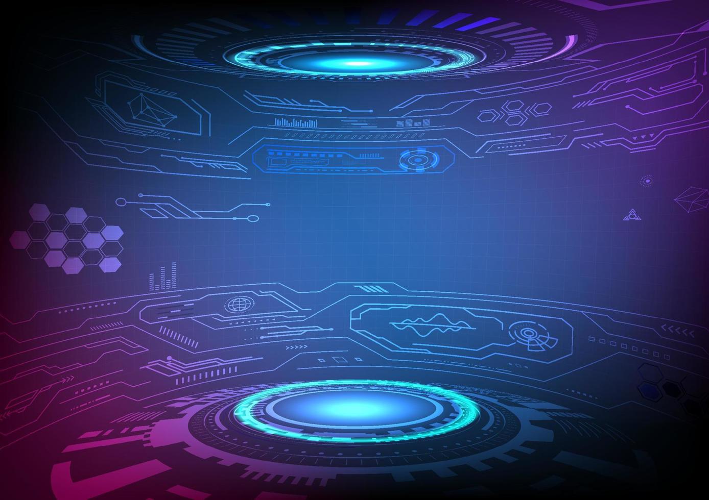 astratto tecnologia sfondo curvo schermo prospettiva elettronico circuito griglia raggiante Tech cerchio con elementi e leggero viola con rosa nel il angolo, blu pendenza sfondo vettore