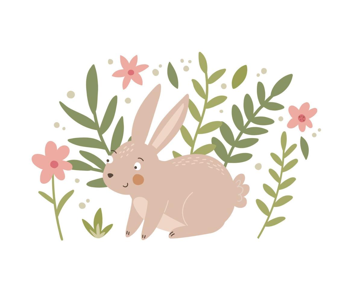 composizione con coniglio, le foglie e floreale elementi. carino coniglietto vettore illustrazione. bambini manifesto