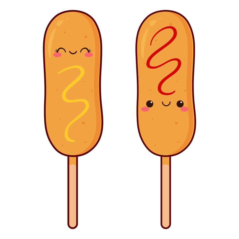 Due kawaii Mais cani. adorabile sorridente carattere. salsiccia nel Impasto su un' bastone con condimenti - ketchup e mostarda. piatto cartone animato vettore. vettore