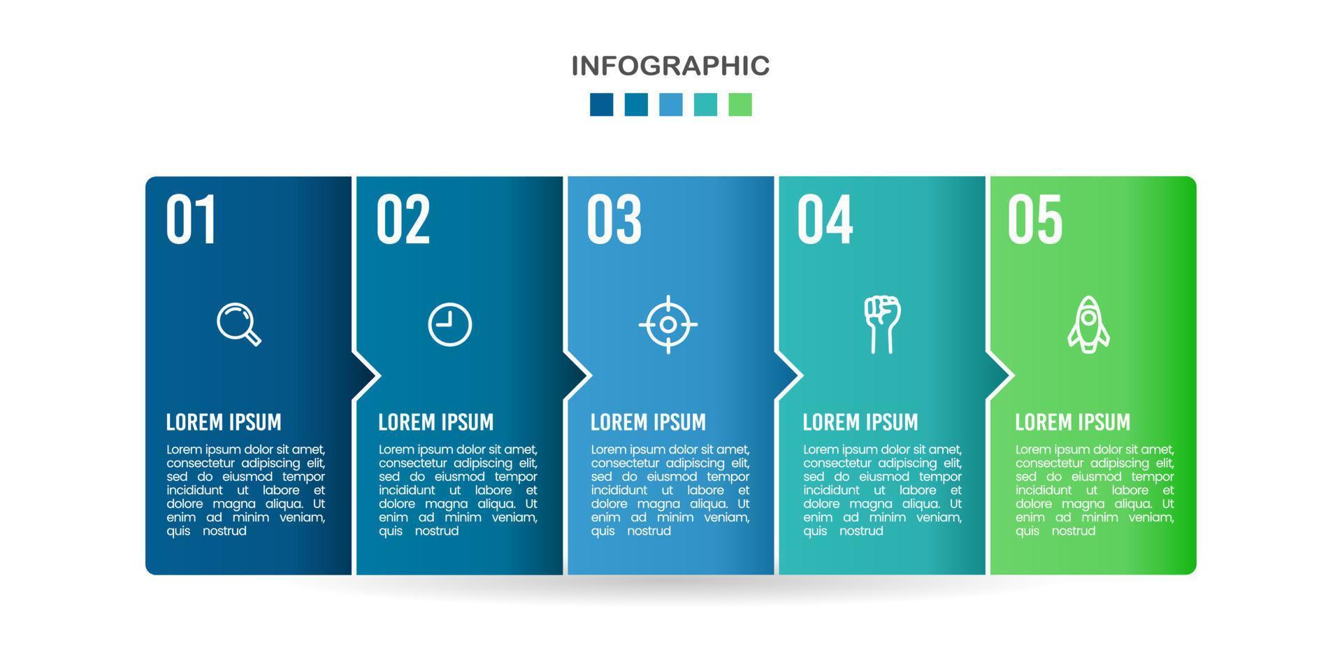 Infografica attività commerciale concetto con 5 opzioni, passi, o processi. flusso di lavoro, disposizione, diagramma, e annuale rapporto. vettore illustrazione.