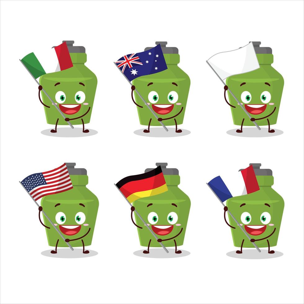 verde bevanda bottiglia cartone animato personaggio portare il bandiere di vario paesi vettore