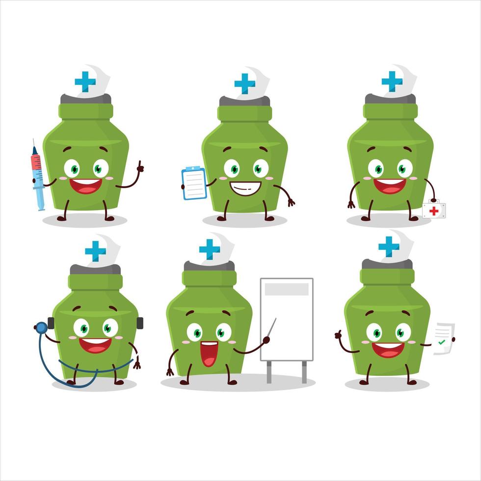 medico professione emoticon con verde bevanda bottiglia cartone animato personaggio vettore