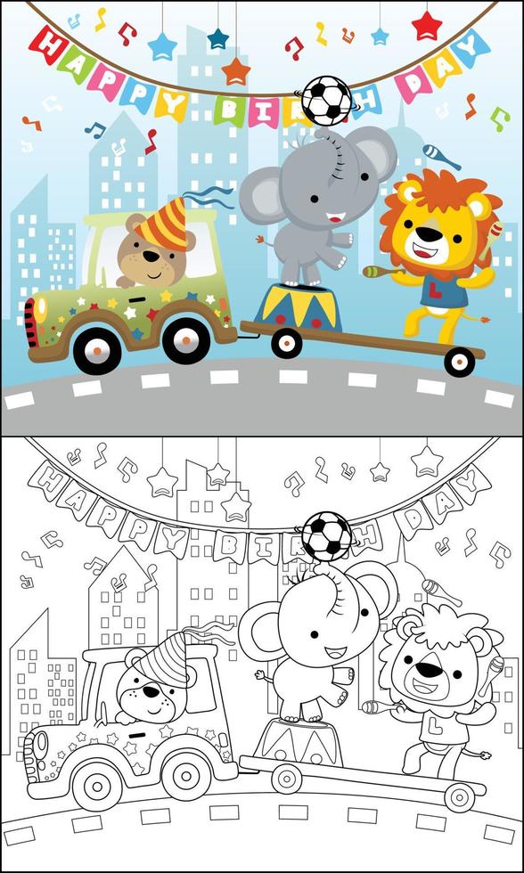 colorazione libro di cartone animato divertente animali nel circo mostrare su veicolo vettore