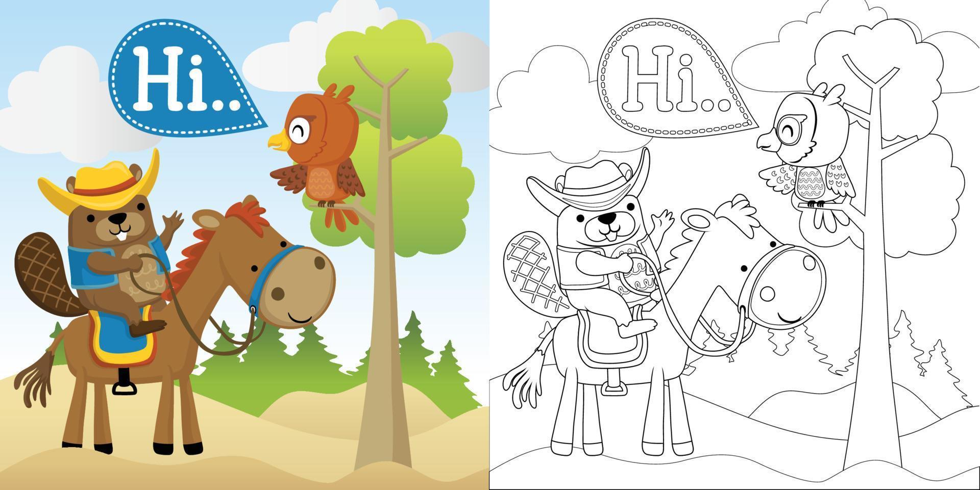 vettore cartone animato illustrazione, colorazione libro di castoro nel cowboy costume equitazione cavallo, gufo su albero