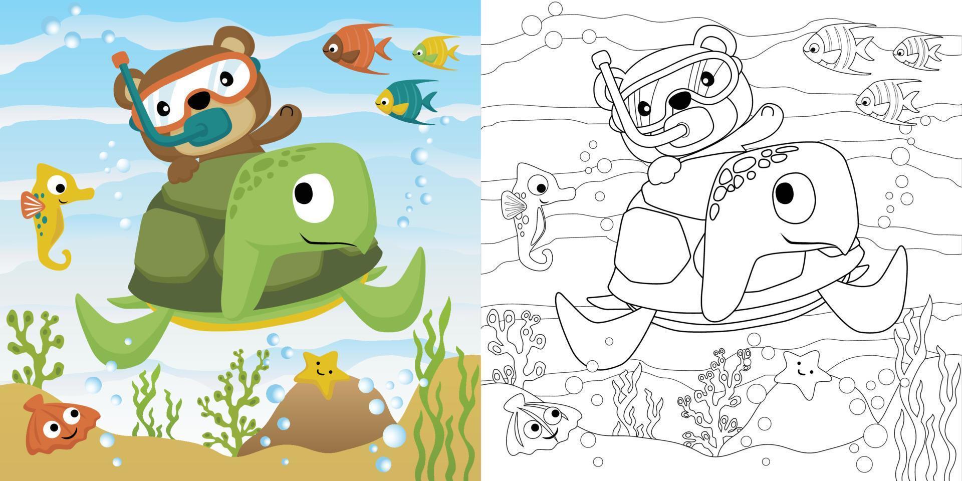 vettore cartone animato illustrazione, colorazione libro di orso equitazione su tartarughe Indietro, marino animali sottomarino