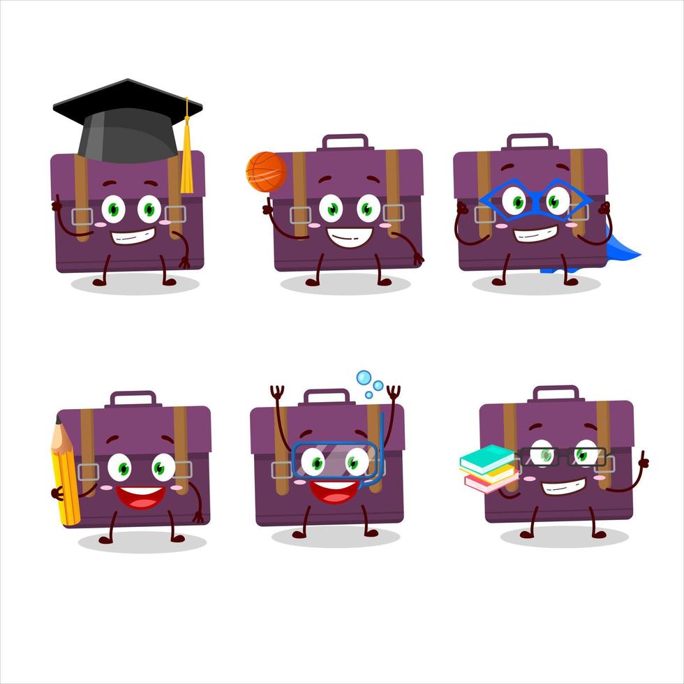 scuola alunno di viola valigia cartone animato personaggio con vario espressioni vettore