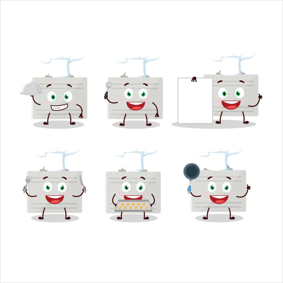 cartone animato personaggio di argento valigia con vario capocuoco emoticon vettore