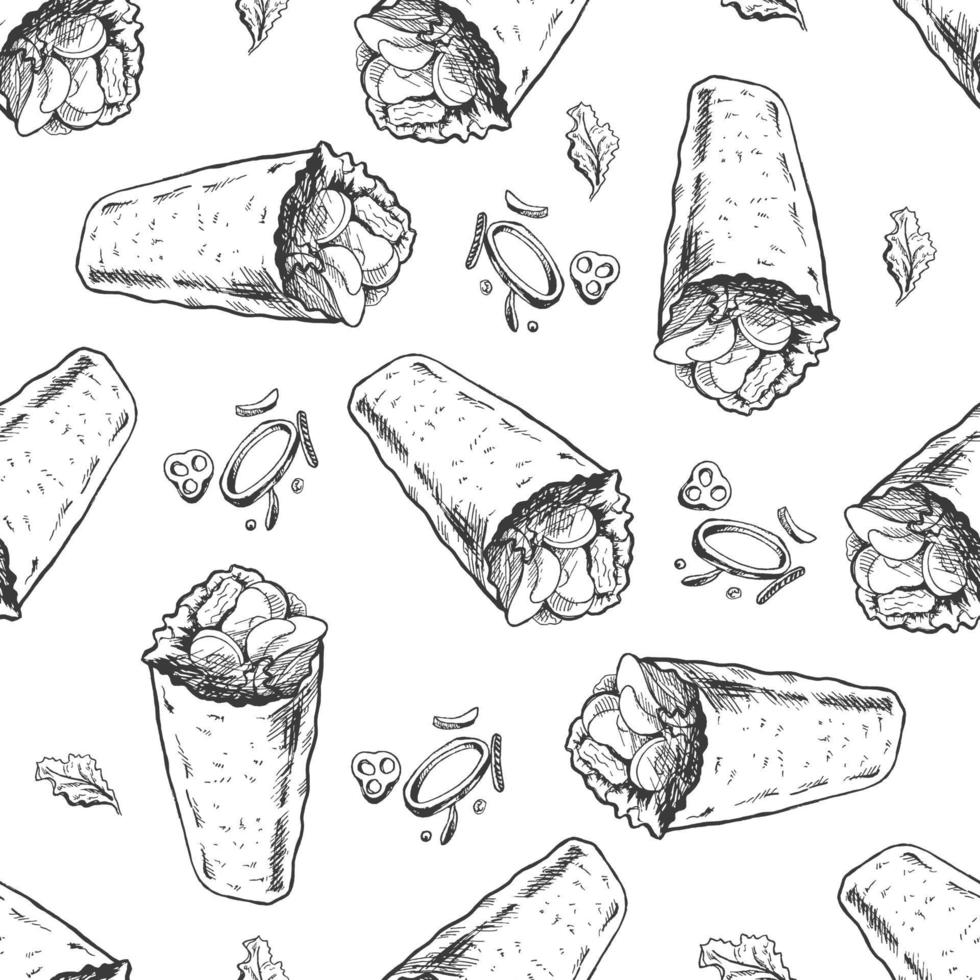 vettore Vintage ▾ veloce cibo senza soluzione di continuità modello. mano disegnato monocromatico Rifiuto cibo illustrazione con burritos e verdure. grande per menù, manifesto o ristorante sfondo.