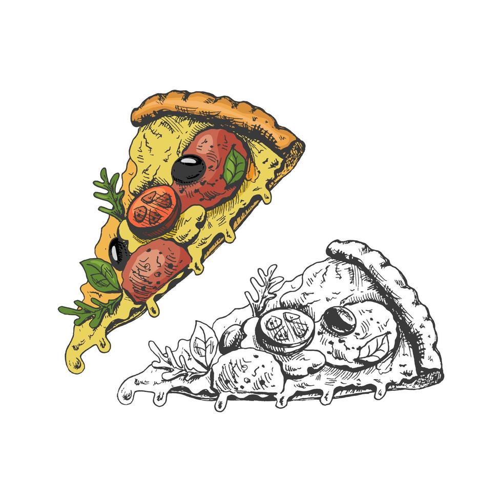 disegnato a mano colorato e monocromatico schizzo impostato di Pizza fetta. Pizza con Mozzarella, pomodoro salsa, salsiccia, rucola foglie, olive, pomodori, fuso formaggio. veloce cibo Vintage ▾ illustrazione. vettore