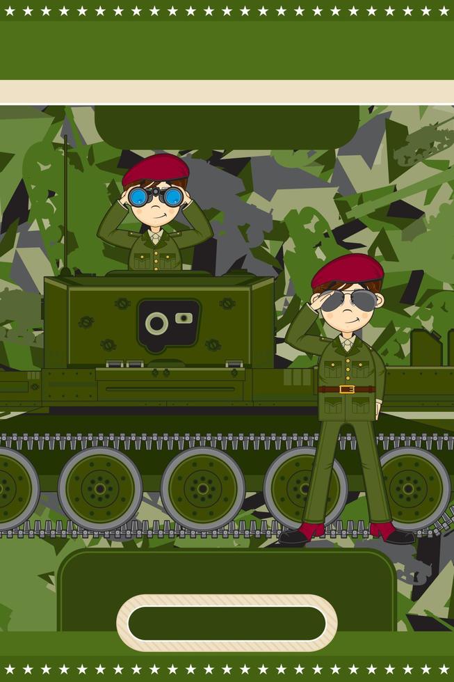 carino cartone animato esercito soldati e blindato serbatoio militare storia illustrazione vettore