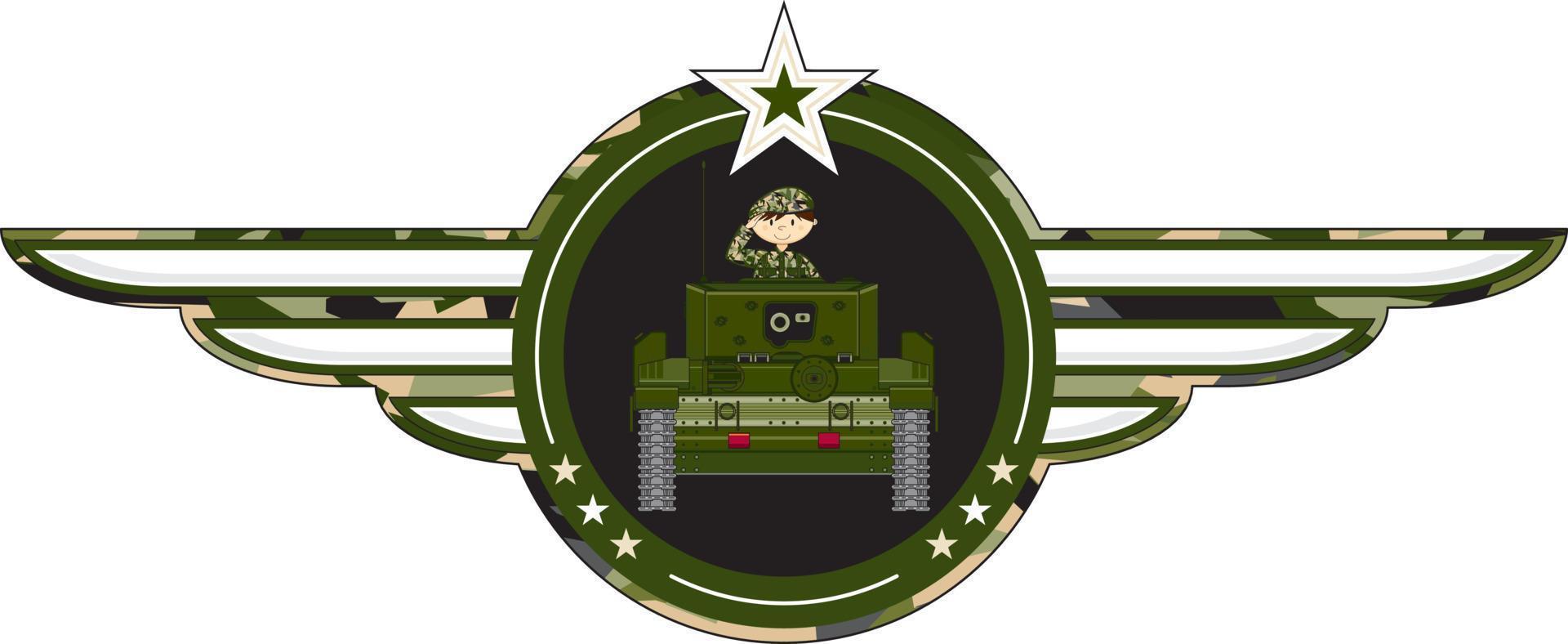 carino cartone animato esercito soldato nel blindato serbatoio militare storia illustrazione vettore