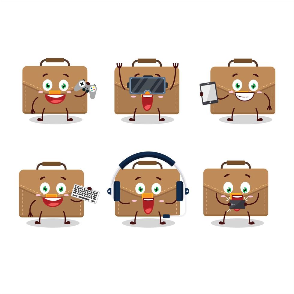 Marrone valigia cartone animato personaggio siamo giocando Giochi con vario carino emoticon vettore