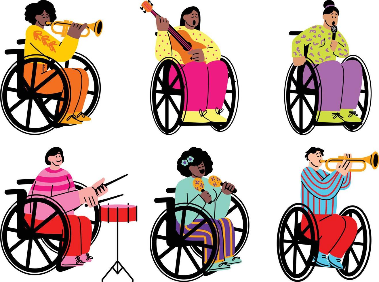 Disabilitato persone nel sedia a rotelle giocando musicale strumenti, piatto vettore illustrazione isolato.