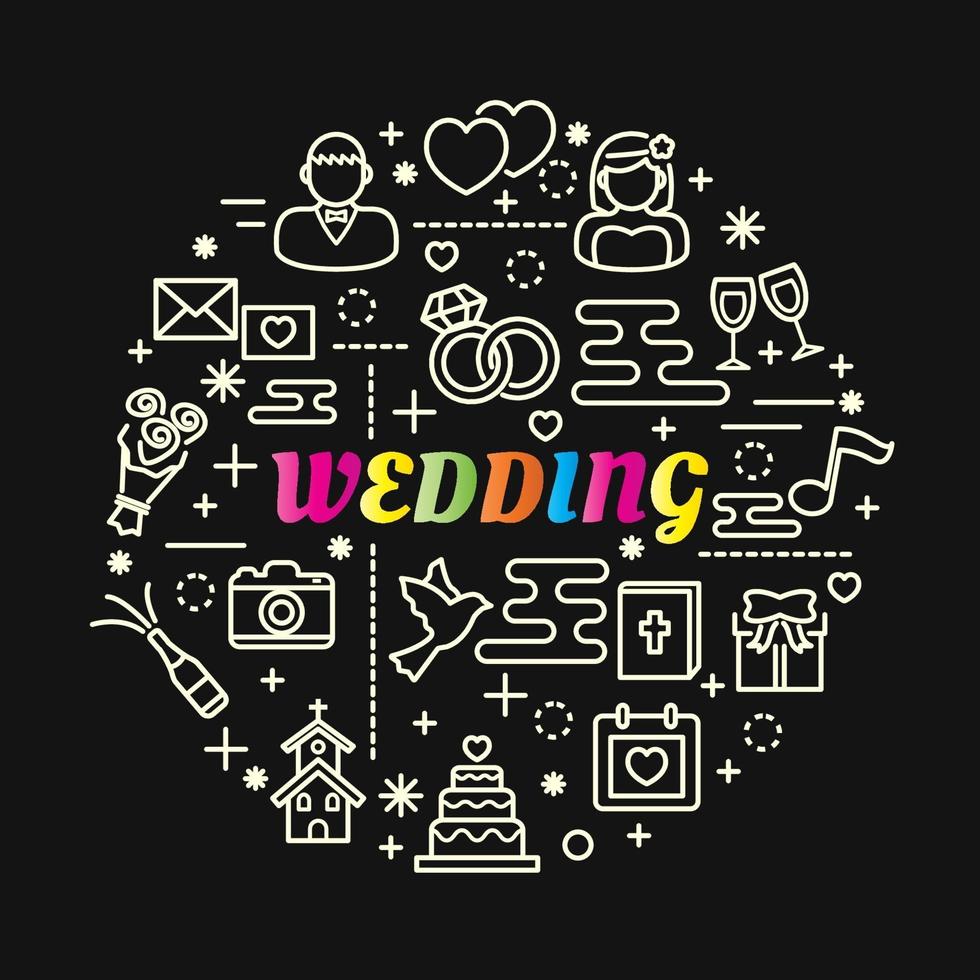 lettering gradiente colorato di nozze con set di icone vettore