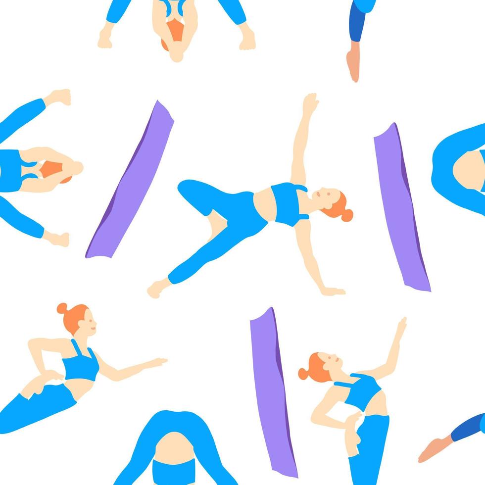 formazione nel yoga posa di RAD capelli europeo ragazza nel blu tuta da ginnastica su un' viola stuoia. pilates, sport, Salute. femmina, signora, donna. vettore illustrazione nel cartone animato piatto stile isolato su bianca sfondo.