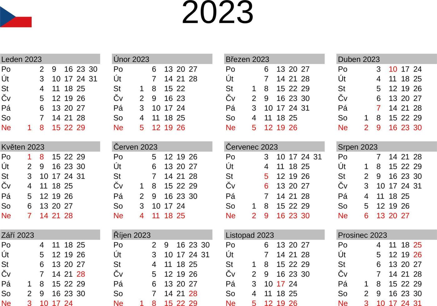 anno 2023 calendario nel ceco con ceco repubblica vacanze vettore