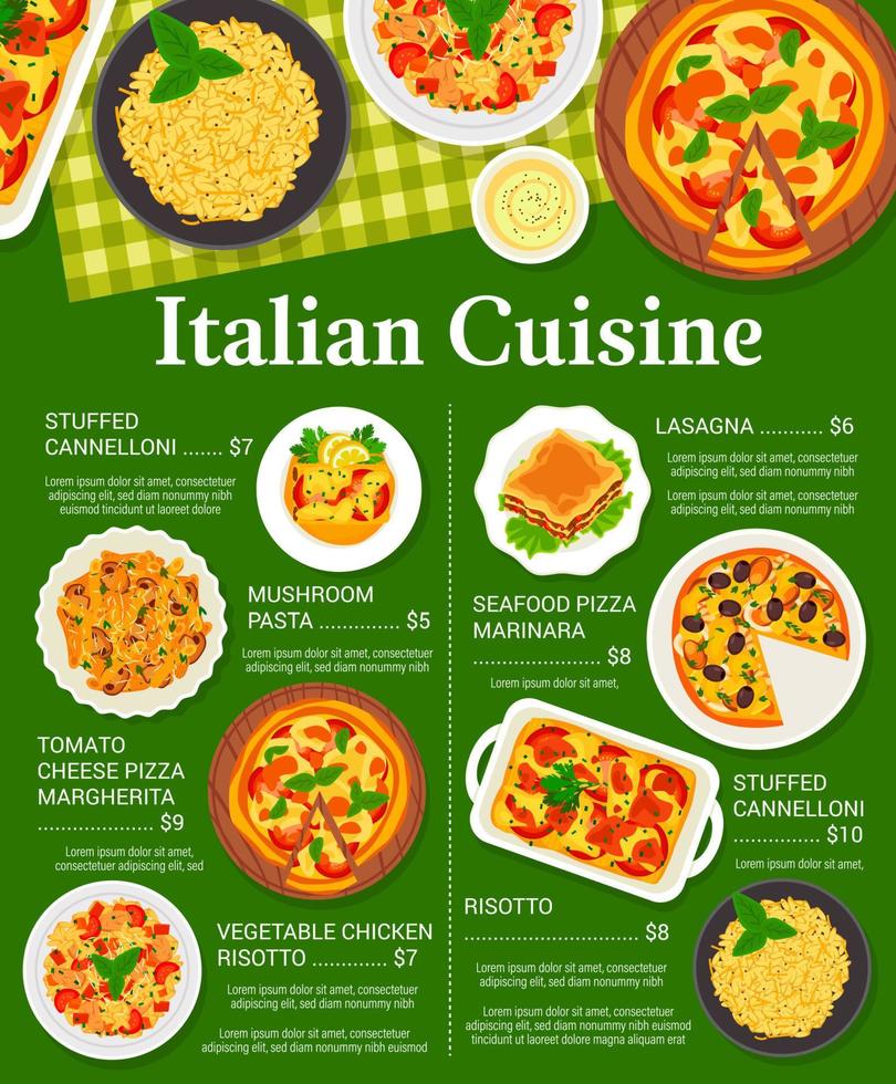 italiano cucina menù cibo pasta, Pizza e risotto vettore