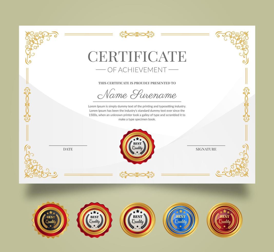 certificato di apprezzamento e realizzazione modello. pulito moderno certificato con oro distintivi. diploma premio design per attività commerciale e formazione scolastica necessità. vettore