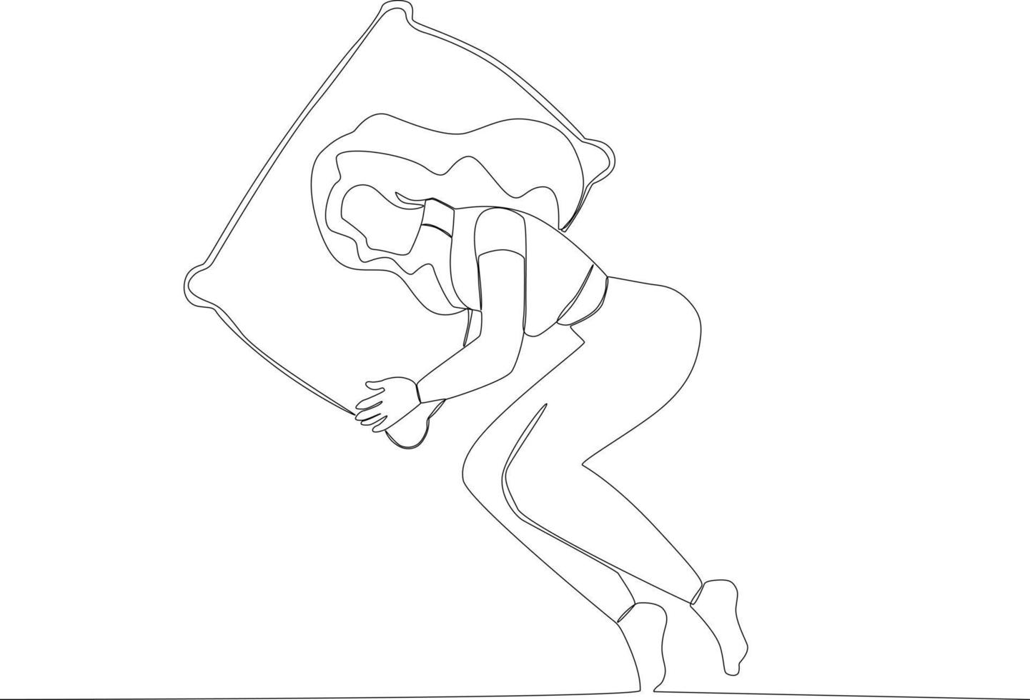 un' addormentato donna arricciato su su un' grande cuscino vettore