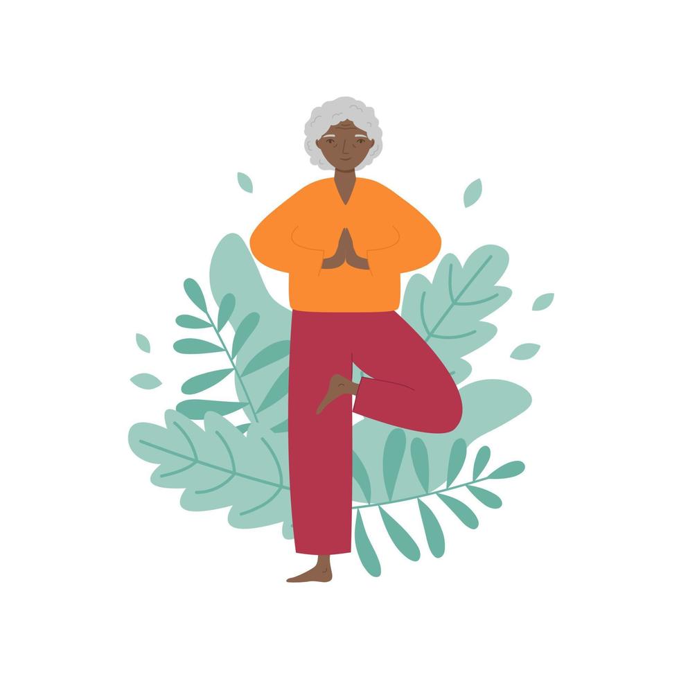 anziano donna fare yoga con le foglie sfondo. vecchio donna praticante meditazione, esercizio, conservazione attivo salutare stile di vita. vettore